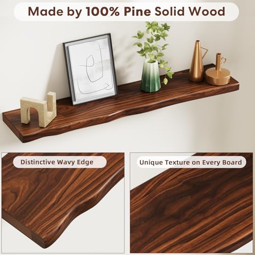 Floating Shelves for Wall Rustic Farmhouse 36 Inch Floating Shelf Bathroom Wooden Shelves for Wall Mounted Live Edge Pine Shelf with Unique Natural Grain for Living Room Bedroom Kitchen (Walnut) - color: Walnut, size: 36 inch - 2pcs
