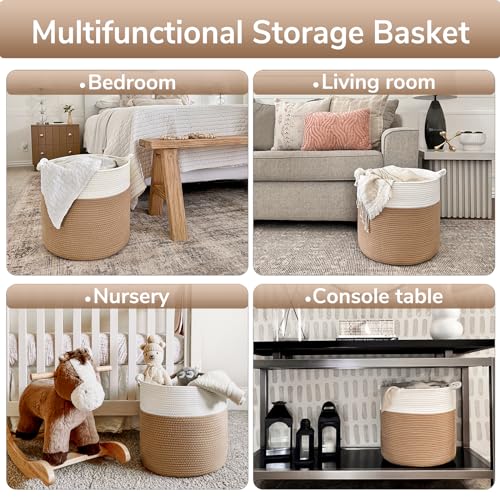 Goodpick Cotton Rope Storage Basket, 15 x 14.2 Inches Jute Woven Basket for Blankets Clothes Organizing, Baby Laundry Baskets Toy Storage With Handle, White Jute - color: White Jute, size: 15 × 14.2 inches