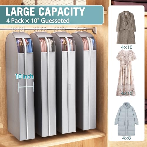 Liuoud 10" Gusseted Garment Bags for Hanging Clothes with clear window, 60" Suit Bags for Open Closet Storage, Clothing Cover for Coat, Dress, Jacket, Shirt, Fur Wardrobe Protector, 4 Packs - color: Grey with window, size: 60 inch