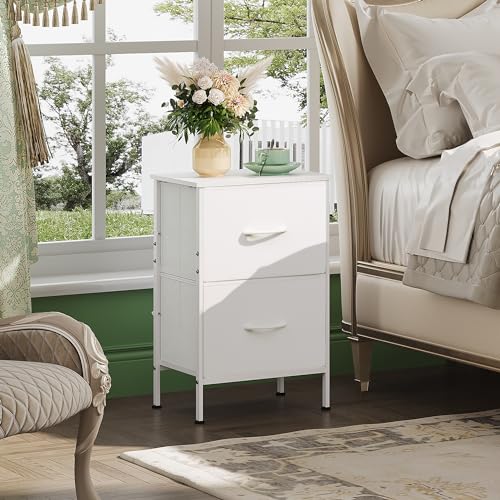 WLIVE White Night Stand, Small Dresser with 2 Drawers & Wooden Top, Nightstand with Fabric Bins, Bedside Table End Table for Bedroom, Closet, Entryway, College Dorm, White - color: White, size: 11.8"D x 15.7"W x 24.9"H