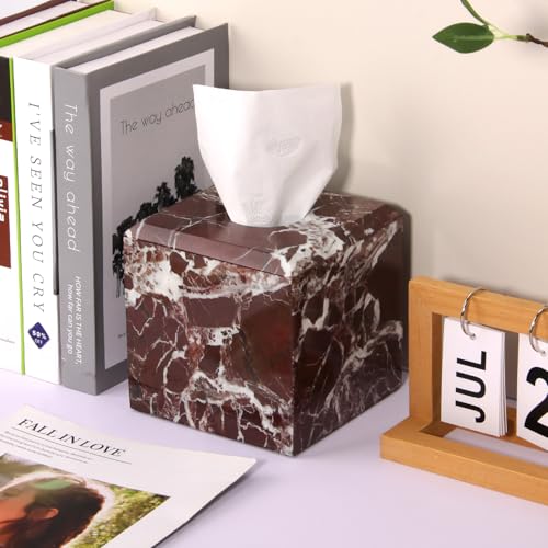 Natural Marble Square Tissue Box Cover ,Stone Modern Decorative Sturdy Napkin Box Holder Case,Facial Paper Organizer for Bathroom Vanity Toilet Countertop,Kitchen (1, Rosso Lepanto, 5.71*5.71*5.51) - color: Rosso Lepanto