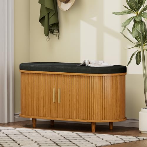 DHH 2-Tier Storage Bench,Wide Shoe Bench with Thickened Padded Seat Cushion, Mid Century Modern Fluted Sliding Door and Adjustable Shelf, for Entryway, Living Room, Bedroom (Yellow Walnut, 35.4“) - color: Yellow Walnut, size: 35.4 inch