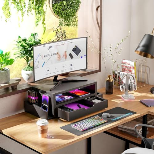 Simple Trending Wood Monitor Stand Riser with Drawer and Pen Holder, Desk Organizer for Home Office, Black