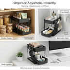 Under Sink Organizer – 2 Tier Sliding cabinet organizer with 4 Hooks & 1 Cup | Multi-Purpose Space Saving Shelf for under kitchen sink storage, Countertop, Bathroom, Pantry & Office Organization