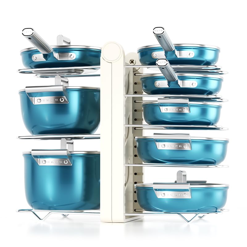 Pots and Pans Organizer under Cabinet,15.35" Height 8 Tier Pot Organizers Rack,Heavy-Duty Pot & Pan Organizer,Adjustable Pan Organizer under Cabinet Kitchen Organization and Storage,White - color: White