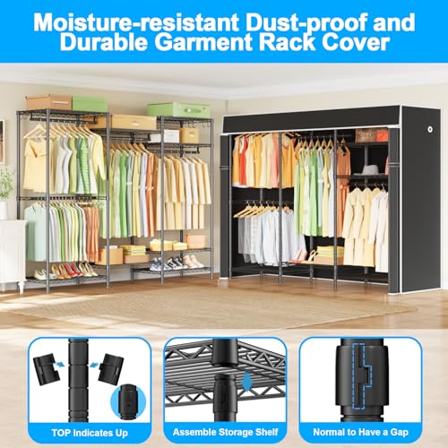 Ulif E13C Heavy Duty Closet Organizer System，Freestanding Clothing Racks for Hanging Clothes，Adjustable Garment Rack 63" W x 16" D x 77" H Hold 960 lbs，Black Clothing Rack with Black Dustproof Cover - color: Black Rack with Black Cover, size: E13C