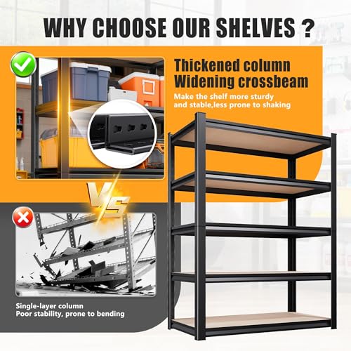 AOARGG 78"H-45.6"W Garage Shelving Heavy Duty Storage Shelves, Metal Adjustable Shelving Unit, Utility Garage Organizer Shelf for Basement, Pantry, Kitchen, Warehouse, 45.6"W x 19.7"D x 78"H - size: 5-Wood-19.7"Dx45.6"Wx78"H