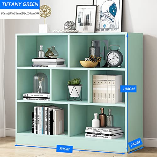 IOTXY Open Shelf Low Bookcase - Wooden 3-Tier Floor Standing Display Cabinet Organizer with Base, 7 Cubes Short Horizontal Bookshelf in Tiffany-Green - color: Tiffany Green, size: 80CM Base