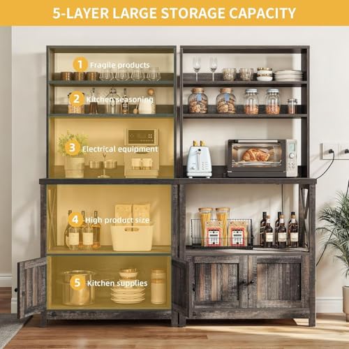 DWVO Baker Rack with Power Outlet and Storage, Farmhouse Microwave Stand with Door for Kitchen, 5-Tiers Tall Coffee Bar Station Cabinet Thickened Counter with Hutch Shelves, Black Oak - color: Black Oak, size: 31.5''W