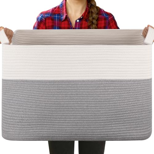 Extra Large Laundry Basket, 95L Blanket Basket for Living Room, Cotton Rope Toy Storage for Kids, Woven Baskets for Clothes, Towels, Pillows, 24" x 17" x 14", Grey and White - color: Grey & White, size: 24"x16.9"x14.2"