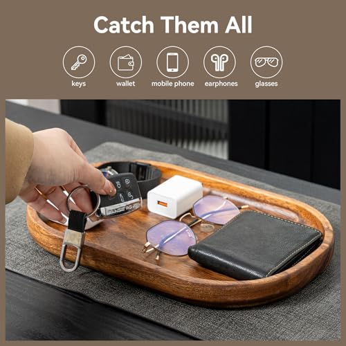 Acacia Oval Wooden Valet Tray for Men Women, Acacia Wood Serving Tray Key Dump Bedside Nightstand Dresser Organizer EDC Catch All Decorative Wooden Tray for Phone Wallet Keys Jewelry (12 x 7.9 Inch)