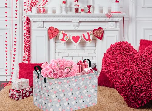 Rec Heart Print Box Hamper Storage Basket Collapsible Organizer Bin Gift Shelf Baskets for Home and Kitchen Storage - color: White grid love