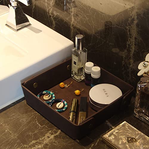 CASIRENA Faux Leather Valet Tray Organizer for Men - Catch-All Tray for Entryway Table Key, Wallet, Watch, Coin Change, Phone, Dresser EDC Dump Jewelry, Bedside Nightstand Desk-top - color: Coffee Brown, size: Square