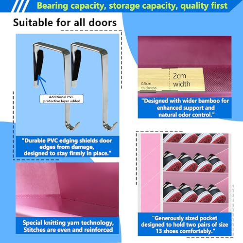 Over The Door Shoe Organizer, 70 Pounds Large Capacity, 20-30-Pair shoe organizer, Heavy Duty-Extra Deep Pockets ,Anti-Scratch Hooks & FSC-Certified Bamboo ,Engineered for Men’s Size 13 shoe,Pink - color: Pink