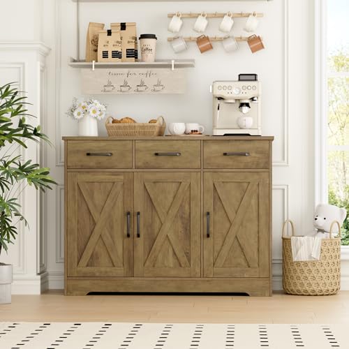 HOSTACK Modern Farmhouse Buffet Sideboard Cabinet, Barn Doors Storage Cabinet with Drawers and Shelves, Wood Coffee Bar Station for Dining Room, Kitchen, Living Room, Rustic Brown - color: Rustic Brown