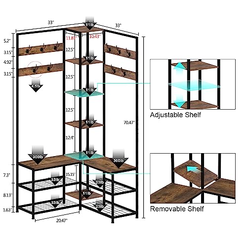 GiftGo Corner Hall Tree with Shoe Rack Storage Bench Display Open Shelves Modern Industrial Entryway Coat Rack Stand for Home Living Room Mudroom Bedroom Multifunctional 5 in 1 (Rustic Brown) - color: Rustic Brown