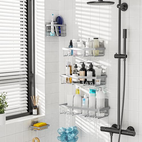 Moforoco Adhesive Shower Caddy Organizer Shelves Rack - 5 Pack Corner Bathroom Storage Organization, Home & Kitchen Decor Inside RV Accessories, Hanging First Apartment Household Camper Essentials - color: Grey