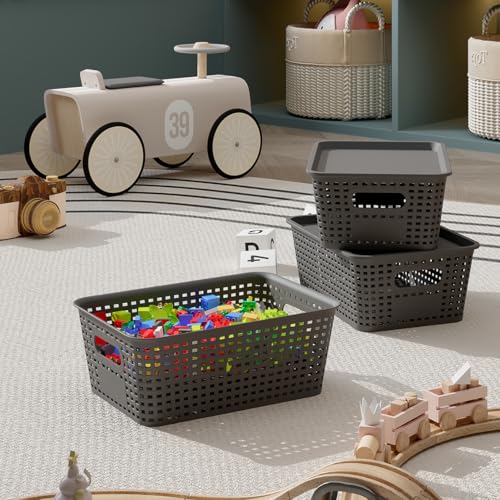 Resze 6-Pack Plastic Storage Bins with Lids, Stackable Organizer Baskets & Containers for Pantry, Kitchen, Cabinet, Closet, Bathroom Organization Toys, Space Saving, Easy-Carry Handles,Gray - color: Gray