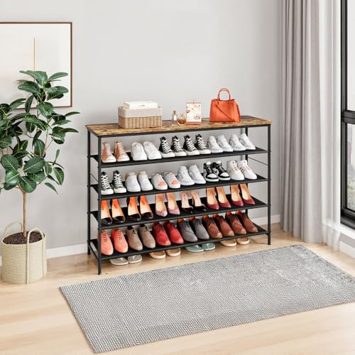 INGIORDAR Shoe Rack Organizer 5 Tier Metal Organizer Shelf with Industrial MDF Board and Layer Fabric for Entryway Closet Bedroom Living Room Garage (Black+Rustic Brown, 5 Tier(47.2" W)) - color: Black+rustic Brown, size: 5 Tier(47.2"W)