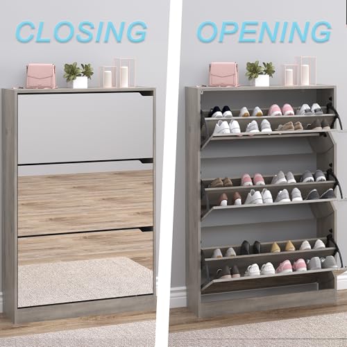 BORNOON Shoe Cabinet with 3-Flip Mirror Drawers, Freestanding Shoe Rack Organizer with Hidden Handle, Slim Narrow Shoe Storage Cabinet for Entryway, Entrance, Hallway, Bedroom - color: Grey, size: 3-Drawer with Mirror