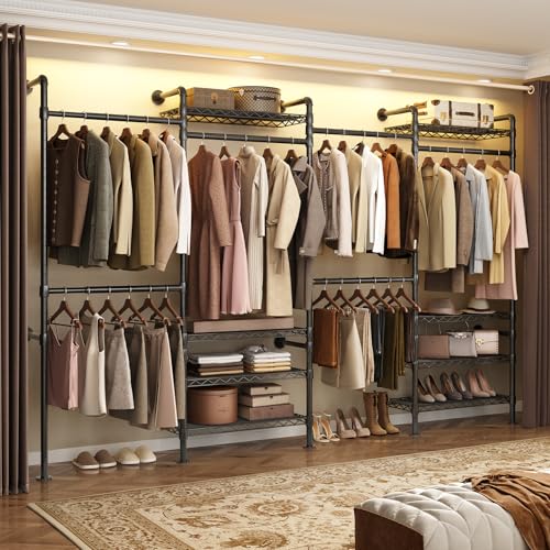 ComfyCorner Wall Mounted Garment Rack, Industrial Pipe Metal Clothing Rack with 6 Hanging Rods (4 Expandable) & 8 Shelves, Closet Organizers and Storage System for Bedroom, Walk in Closet - color: Black
