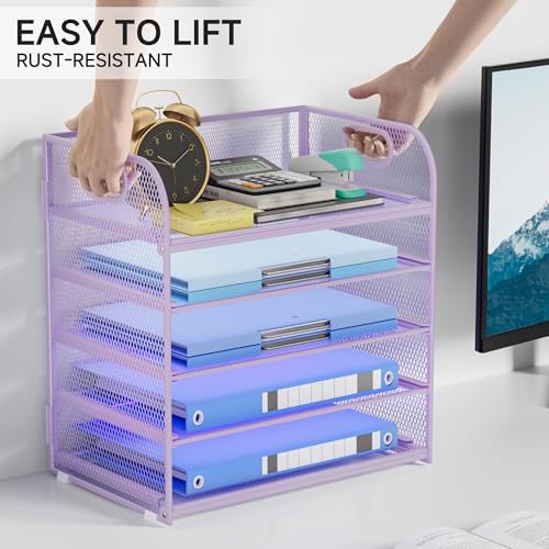 5-Tier Stackable Paper Organizer with Handle, Purple Metal Mesh Letter Tray | Elegant Desk File Sorter for Office, Home & Classroom Organization - color: Purple, size: 12.6" x 9.1" x 13.4"
