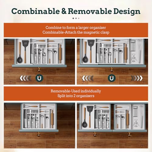 Silverware Organizer Large, Magnetic Connected Expandable 13 Slots Silverware Drawer Organizer from 21 to 37.4 Inches, Adjustable Flatware and Cutlery Holder, Bamboo Utensil Tray for Kitchen White - color: White, size: 13 Slots