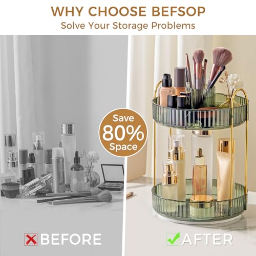360° Rotating Makeup Organizer, Upgraded 2 Tier Skincare Perfume Organizers for Women, Bathroom Organizer Countertop, Clear Cosmetic Dresser Organizer with Makeup Brush Holder, Sink&Counter (Green) - color: Green, size: 2 Tier