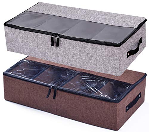 AARAINBOW 2 Packs Foldable Under Bed Shoes Organizer with Lids, Underbed Clothes Storage Container with Divider, UnderBed Storage Bins Box with Clear Window (Gray+Coffee) - color: Gray+Coffee