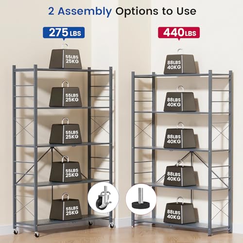 ALANNG 40" W Folding Storage Shelves with Wheels, Adjustable Metal Shelving Unit, Standing Shelf Organizer for Closet Kitchen Garage Laundry Pantry (Grey,1 Pack) - color: Grey