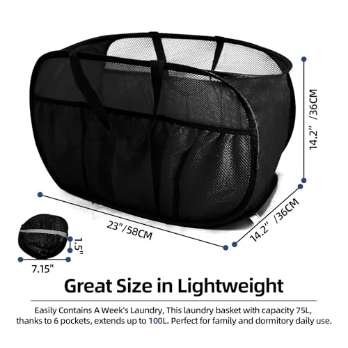 2 Pack Collapsible Laundry Baskets, Upgrade Pop Up Laundry Hamper with Convenient Bags, Foldable Laundry Basket Mesh Light Weight, Easy to Carry Clothes Hampers for Laundry, Dorm, Toys, Travel Black - color: 2xBlack
