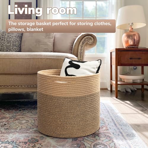 Goodpick Large Cotton Rope Basket 15.8"x15.8"x13.8" Wicker Basket for Blankets, Toy Storage for Living Room, Jute - color: Black & Jute, size: 15.8x15.8x13.8 Inch (Pack of 1)