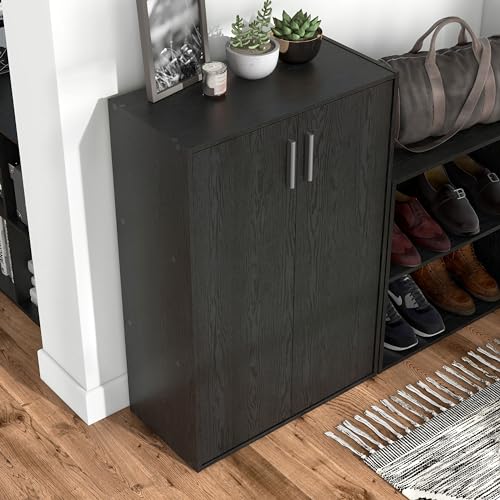 Homes: Inside + Out Apexa 3-Tier Stackable Wood Bookcase with Doors, Cube Storage Organizer Shelves, Small Food Pantry Cabinet, Dorm Teen Room Decor & Bedroom, Home Office, Kitchen, Black - color: Black, size: 3-Tier