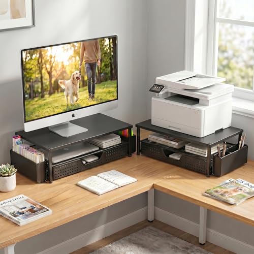 ECOLOVI Desk Organizer and Accessories, 2-Tier Computer Monitor Stand Rise with Storage Drawer & 2 Pen Holders, Laptop & Printer Stand for Desktop, Workspace Organizers for Office Supplies (Black Wood) - color: Black Wood