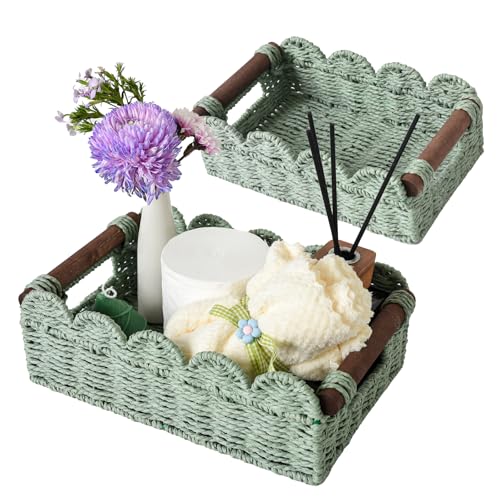 Set of 2 Toilet Paper Storage, Handwoven Small Scalloped Basket with Built-in Handles, Wicker Basket for Home, Living Room(Green) - color: Green
