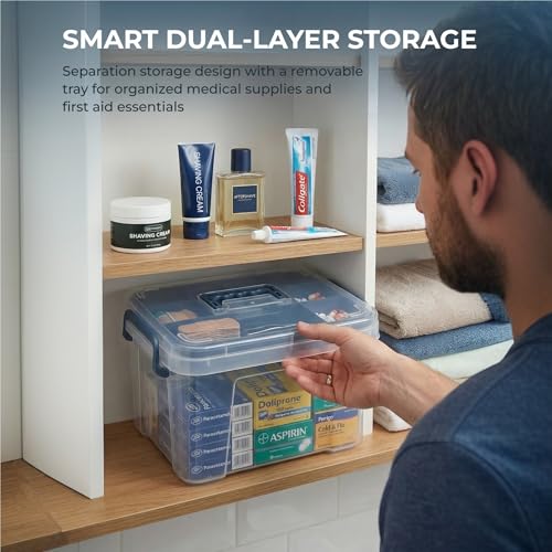 Pulseplay Clear Medicine Organizer Box with Handle Medicine Cabinet Organizer with Removable Tray First Aid Box Empty for Home Travel Outdoor (Blue) - color: Blue
