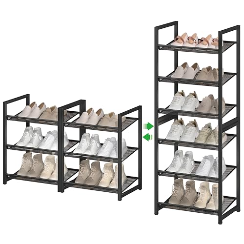 6 Tier Shoe Rack, Tall Metal Shoe Storage with Adjustable Shelves, Holds 12-14 Pairs, Stackable Shoe Stand for Garage Hallway Bedroom, Bronze - size: 6Tier