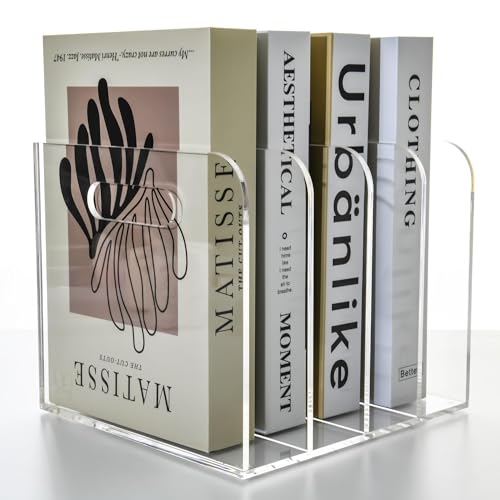 Acrylic File Holder for Desk - 4 Slot Vertical Magazine Organizer & Bookend - Clear Document Sorter Rack for Folders, Binders, Notebooks & Reports - Non-Slip Office Desktop Storage Sorter - size: A4, 4 Sections