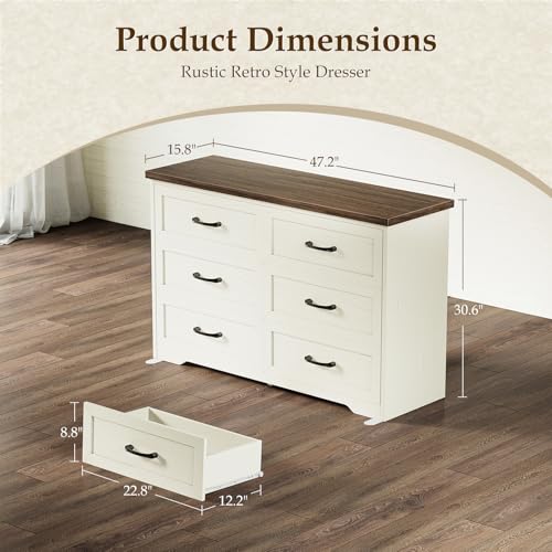 AODK Farmhouse 6 Drawer Dresser for Bedroom, 47” Wide Rustic Storage Dresser with Engineered Wood Frame, Anti-Tip Safety Chest, American Country Bedroom Furniture, Walnut & Vintage White - color: Walnut & Vintage White, size: 15.7"D x 47"W x 30.4"H (6 Dra
