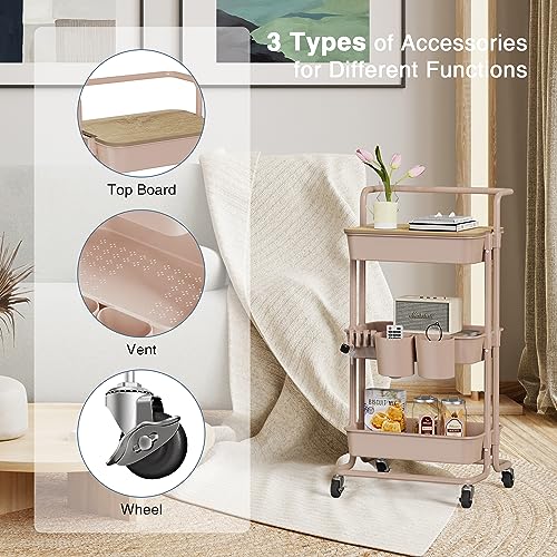DTK 3 Tier Rolling Utility Cart with Cover Top Board, Movable Kitchen Storage Cart Trolley with Lockable Wheels, Cups, Hooks for Kitchen Bathroom Home Office Art Craft Storage and Organization(Pink) - color: Pink, size: Medium