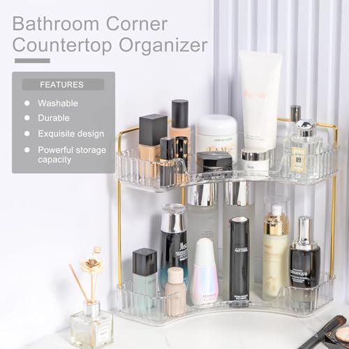 INVSSENE Corner Bathroom Countertop Organizer, Vanity Trays for Counter, Makeup Organizers, Perfume Tray, Kitchen Spice Rack, (Clear, 2 Tiers) - color: Clear, size: 13.6" x 10" x 15.1"