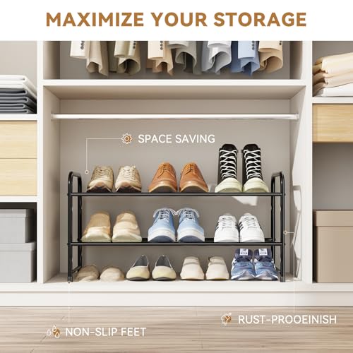 2 Tier Metal Shoe Rack, 27 Inch Wide Stackable Closet Shoe Organizer with Durable Mesh Shelves, Adjustable, Black - color: Black, size: 2 Tier