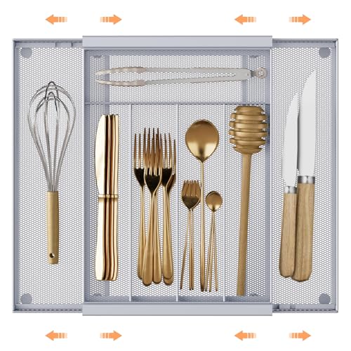 Sedegn Silverware Organizer Metal Mesh, Drawer Organizer, Utensil Cutlery Tray Expandable Flatware Organizer with 7 Compartment Silver 9.6"~16.1" x 13.8" - color: Silver, size: Expandable 9.6"~16.1" x 13.8"