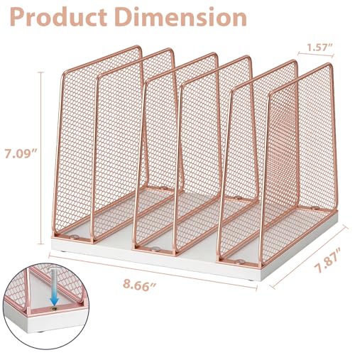 LEKETREE Rose Gold Desk File Organizer, 5-Section Upright File Sorter, Vertical File Folder Holder, Mesh Metal Wood Office Desktop Organization for Document, Magazine, Books and more (Rose Gold) - color: White and Rose Gold