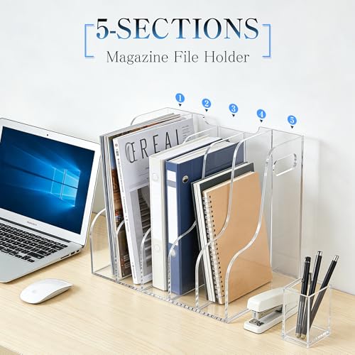 5-Tier Clear Acrylic File Holder, Vertical Document Organizer for Magazines, Binders, Notebooks & Envelopes - Multi-Purpose Desk Storage for Home Office（A4,5 Sections） - size: A4, 5 Sections