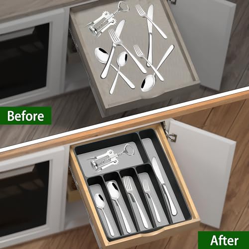 Loyareal Silverware Organizer Utensil Organizer Holder Kitchen Drawer Organizer Plastic Silverware Tray for Drawer Flatware Organizer 6 Compartment Black - color: Black, size: 6 Slots