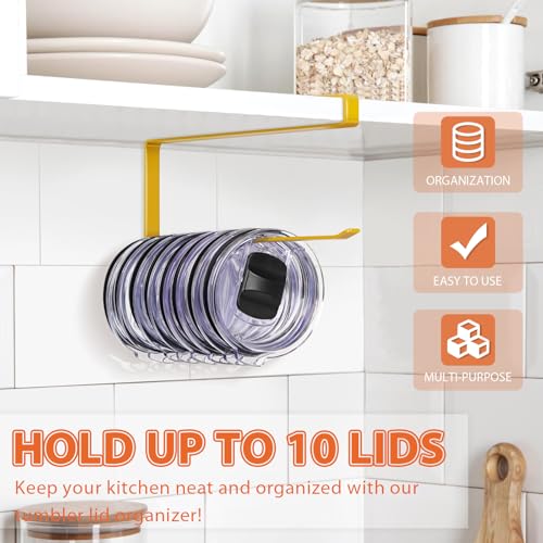 Tumbler Lid Organizer, Horizontal Tumbler Lid Storage Hook Up to 10 Lids, Space Saving Cup Lid Holders Under Cabinet Tumbler Lid Hook for Kitchen Organizer and Storage, Paper Towel Rack Hanger (Gold) - color: Gold, size: 1 Pack