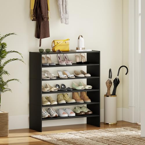 Giantex 3-in-1 Vertical Shoe Rack, 6-Tier Free Standing Shoe Storage Organizer w/Stackable Design for 18 Pairs, 31 Inch Wide Wood Shoe Shelf for Closet, Entryway, Living Room, Office, Black - color: Black