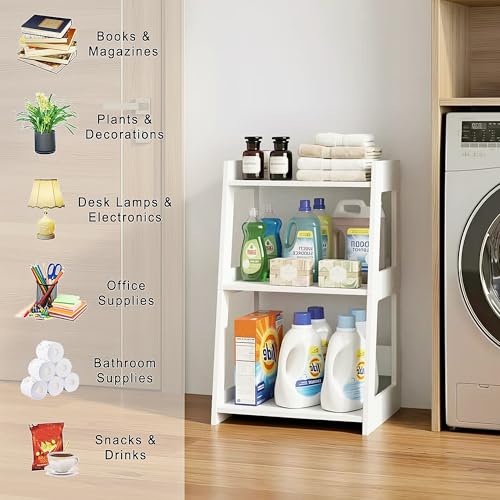 3-Tier Bathroom Ladder Shelf Freestanding, White Floor Shelves Open Shelving Unit, Small Bookshelf Nightstand for Home Study Laundry Room (11.8" D x 15.7" W x 27.6" H) - size: 11.8"D x 15.7"W x 27.6"H