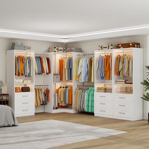 Closet System with 9 Wooden Drawers, 8.5-21.6FT Corner Closet Organizer System,Walk in Closet System with 9 Hanging Rods, Heavy Duty Modular Closet Systems Built-in Shelving System, 4 Sets - color: SL07090909
